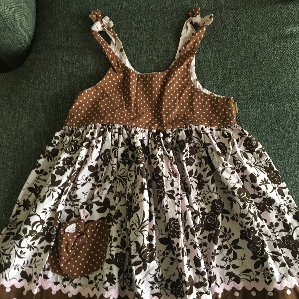 Boutique Handmade Apron Dress; Brown & Pink; Sz 5T
